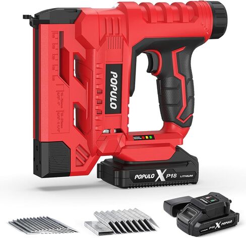 POPULO 20V Nail Gun Battery Powered، 18 Gauge 2 في 1 Wireless Brad Nailer دباسة تتضمن بطارية 2.0 أمبير، شاحن، 1600 دبابيس ومسامير، مسدس كهربائي للنجارة والمفروشات in Kuwait