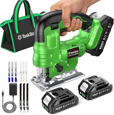 أداة المنشار اللاسلكي TaskStar - مع بطاريات مزدوجة 2.0 أمبير، 9 شفرات، قطع مائل 0-45 درجة، 4 إعدادات مدارية، ضوء LED، منشار كهربائي خفيف الوزن للخشب والمعادن والبلاستيك، قطع مستقيمة ومنحنية in Kuwait