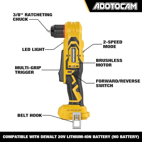 مثقاب زاوية يمنى بدون فرشاة لبطارية DeWalt 20V (أداة فقط)، مثقاب زاوية لاسلكي 3/8 بوصة مع تصميم مدمج وسرعة متغيرة، يتميز بمصباح LED للبراغي/الحفر in Kuwait