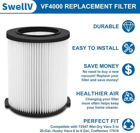 VF4000 Replacement Filter, Compatible with Standard Wet/Dry Vac Filter Vf4000, Vacs Wet Dry 5-20, 6-9 Gal Husky Vacuum,Replacement Vf4000 Filter(VF4000-2P) in Kuwait