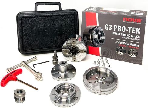 مجموعة ظرف مخرطة الخشب Nova Pro-Tek 48296 G3 مع 3 مجموعات فك (2 بوصة قياسية، 4 بوصة فكي وعاء، و1 بوصة فكي دبوس) إصدار إدراج (مع إدراج I9NS 3/4 بوصة × 16tpi) in Kuwait