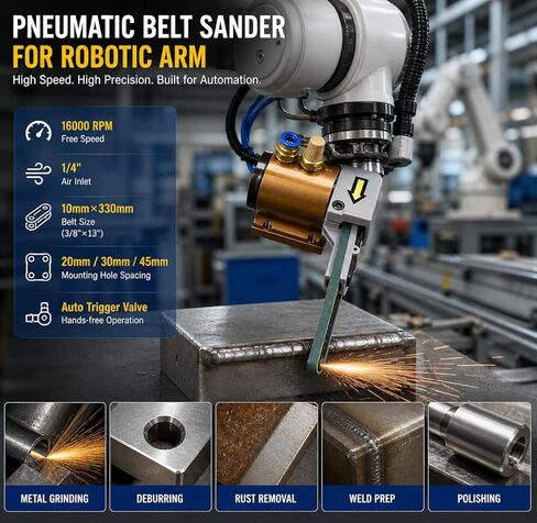 Pneumatic Robotic Arm Belt Sander - 10mm x 330mm (3/8" x 13") Auto Trigger Valve, 16000 RPM, 1/4" Air Inlet, Industrial Polishing Tool in Kuwait