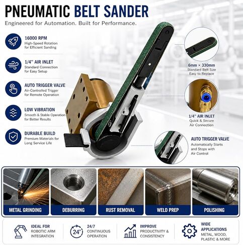 Pneumatic Robotic Arm Belt Sander - 10mm x 330mm (3/8" x 13") Auto Trigger Valve, 16000 RPM, 1/4" Air Inlet, Industrial Polishing Tool in Kuwait