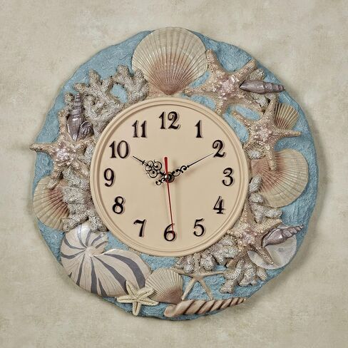 By The Sea Coastal Wall Clock | Handpainted Neutral Sandy Design with Pastel-Hued Starfish, Sand Dollars, Scallop Shells, & Seashells | Beach-Themed Battery-Operated Wall Clock with Quartz Movement in Saudi Arabia