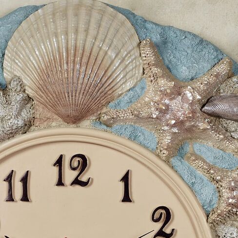 By The Sea Coastal Wall Clock | Handpainted Neutral Sandy Design with Pastel-Hued Starfish, Sand Dollars, Scallop Shells, & Seashells | Beach-Themed Battery-Operated Wall Clock with Quartz Movement in Saudi Arabia