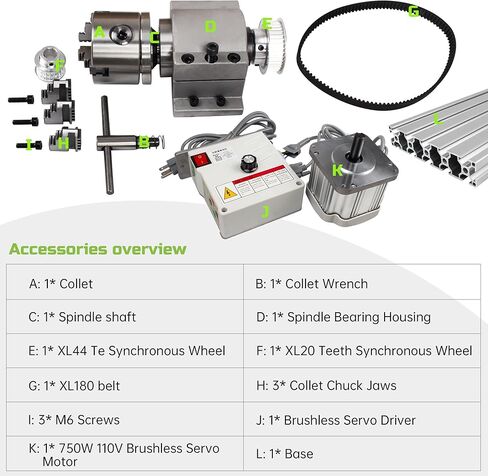 RATTMMOTOR Motor Lathe Chuck Spindle Assemblies, K11-80mm 3 Jaw Lathe Chuck with 750W 110V Adjustable Speed Brushless Servo Motor+Driver, Through Hole 16mm for Polishing/Woodworking Lathe Machine in Kuwait
