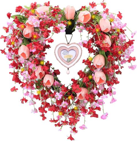 Erizhaltic 20" Valentines Day Heart Wreath with Picture Frame Pendant, 20 Lighted LED Pink Wreath with Tulip Berry Green Leaf Element, Valentines Decoration Wreath for Front Door, Wedding Anniversary in Saudi Arabia