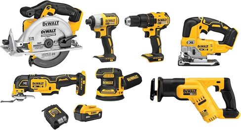 مجموعة أدوات DEWALT 20V MAX المكونة من 7 أدوات، تتضمن مثقاب لاسلكي، ومحرك صدمي، ومنشار ترددي، ومنشار دائري، وأداة متأرجحة، وآلة صنفرة مدارية عشوائية، ومنشار، وبطارية 5 أمبير وشاحن (DCK751P1) in Kuwait