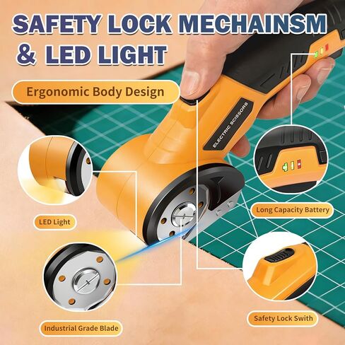 مقص كهربائي، قطاعة صندوق من الورق المقوى مع قفل أمان وإضاءة LED، بطارية 2000 مللي أمبير في الساعة، شفرة فولاذ التنغستن، حقيبة تخزين وصندوق، مناسب للقماش والسجاد والكرتون والبلاستيك والجلد in Kuwait