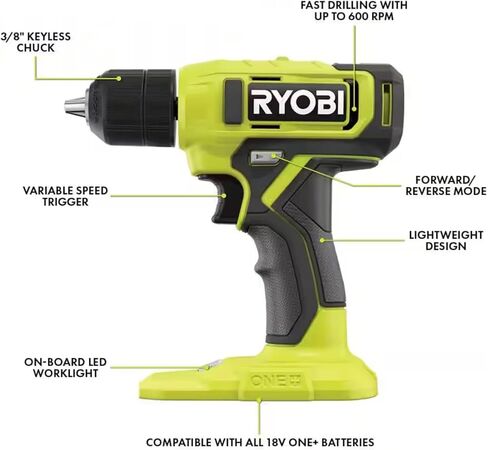 Ryobi ONE+ 18V Cordless 3/8 in. طقم مثقاب/مفك مع بطارية 1.5 أمبير وشاحن وحافظة Buho in Kuwait