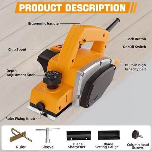 16000RPM Electric hand planer, 500W 3-1/4 Inch Electric wood planer with 82mm Blades & Depth Adjustment, 110V Power Wood Planer for Surface Finishing, Woodworking, Carpentry, and Home DIY in Kuwait