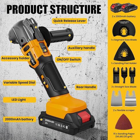 Cordless Oscillating Multi-Tool Kit with 2 Batteries, Brushless Motor, 6 Speed, 4° Oscillation Angle, 22PCS Accessories, for Cutting/Grinding/Sanding in Kuwait