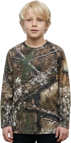 تي شيرتات قطن مموهة بأكمام طويلة وفتحة رقبة مستديرة للشباب من Realtree and Mossy Oak للأطفال الأولاد والبنات ملابس صيد خارجية in Kuwait