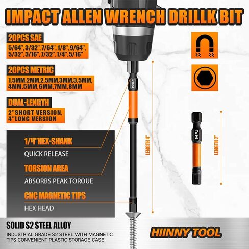مجموعة لقم مثقاب Impact Allen Wrench، 40 قطعة مجموعة لقم سداسية طويلة 2 بوصة و4 بوصة (مترية وSAE)، فولاذ 1/4 بوصة Hex-Shank S2، مجموعة لقم مفك الصدمات، أطراف CNC مغناطيسية للحفر والسائق مع صندوق تخزين in Kuwait