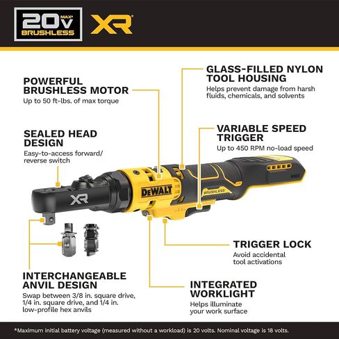 DEWALT 20V MAX* XR بدون فرشاة 1/4 بوصة و3/8 بوصة سقاطة رأس محكمة الغلق (الأداة فقط) (DCF520B) in Kuwait