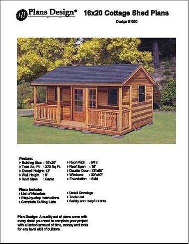 16' X 20' Cottage Shed with Porch, Project Plans -Design #61620, multi-color in Kuwait
