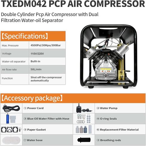 ضاغط هواء TUXING 4500Psi Scuba PCP، ضاغط PCP لخزان سكوبا مدمج بفلتر زيت الماء على مرحلتين، ضاغط للغوص/مكافحة الحرائق/كرة الطلاء 110 فولت (TXEDM042) in Kuwait