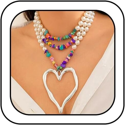 Layered Colorful Beaded Pearl Chain Choker Large Gold Hollow Heart Pendant Necklace for Women, Exaggerated Silver Love Pearls Necklaces Jewelry Gifts in Saudi Arabia
