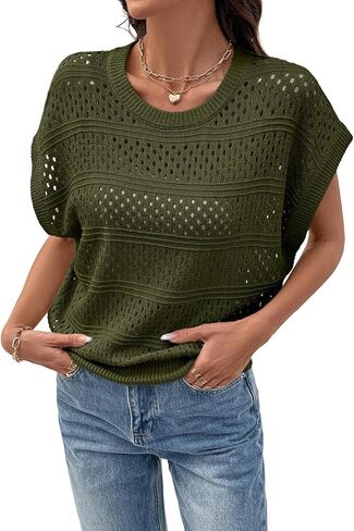 Sidefeel Womens Summer Sweaters Lightweight Casual Short Sleeve Crochet Hollow Out Knit Pullover Tops Clothing in Kuwait