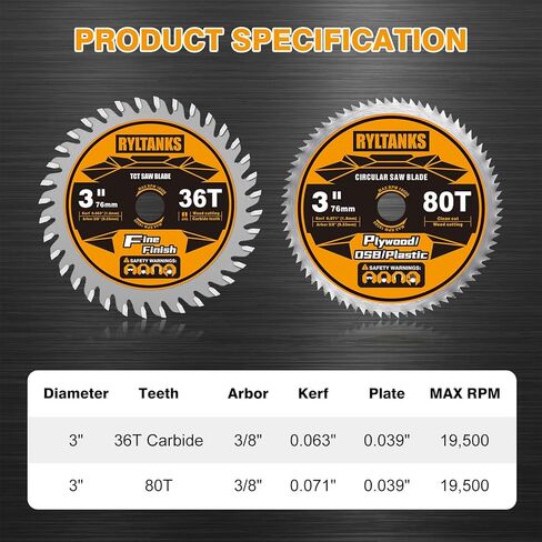 3 Inch Circular Saw Blades 36T TCT(Tungsten Carbide Tipped) & 80T with 3/8 Inch Arbor for Cutting Wood, Plastic, PCV, Acrylic, Aluminum, 4-Pack in Kuwait