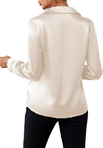 Vrtige Women's Satin Silk Collar V Neck Twist Front Long Sleeve Blouse Top Shirt in Saudi Arabia