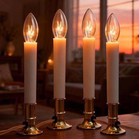 4 Pack Electric Christmas Window Candles Lights with C26 0.6W Plug in Clear Light Bulbs, 9in Candlesticks Lights with Golden Plated Base, Electric Candle Set for Kitchen Window Table Valentines Decor in Saudi Arabia