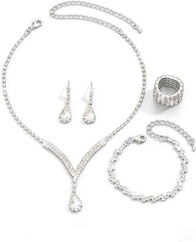 Hanfluenve Wedding Jewelry Sets for Women Silver Sparkling Bridal Jewelry Set Elegant Timeless Hypoallergenic Rhinestone Bridals Necklace Jewelry Formal Engagement Evening in Saudi Arabia