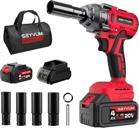 SEYVUM Impact Wrench,1/2" Impact Gun, Power Impact Driver Max Torque 320 Ft-lbs (430N.m), Cordless Impact Wrench with 20V Brushless Motor, 4.0Ah Li-ion Battery with Fast Charger, 4 Pcs Impact Sockets in Kuwait