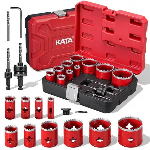 KATA Bi-Metal Hole Saw Kit for Metal & Wood - 16PCS Deep Cut 48mm Hole Saw Set 3/4" - 2-1/2"(19-64mm) with Arbors in Solid Case - Fast Chip Removal Holesaw Cutter for Electrician, Plumber, DIY in Kuwait