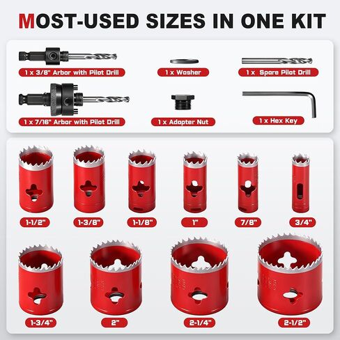 KATA Bi-Metal Hole Saw Kit for Metal & Wood - 16PCS Deep Cut 48mm Hole Saw Set 3/4" - 2-1/2"(19-64mm) with Arbors in Solid Case - Fast Chip Removal Holesaw Cutter for Electrician, Plumber, DIY in Kuwait