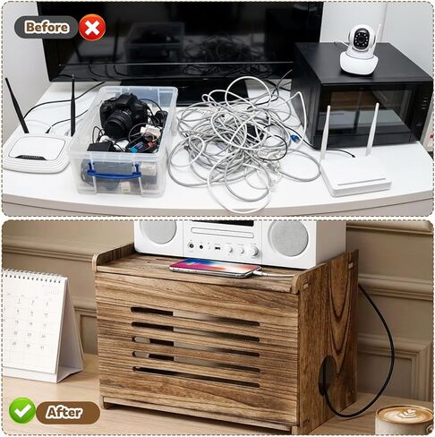 Wood Router Shelf Projector Shelf Projector Stand Router Storage Box Modem Cable Routers Cover Organized Power Strip Cable Management Hider Rack for Office Home, Brown in Kuwait