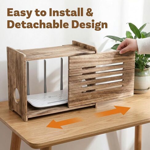 Wood Router Shelf Projector Shelf Projector Stand Router Storage Box Modem Cable Routers Cover Organized Power Strip Cable Management Hider Rack for Office Home, Brown in Kuwait