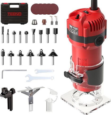 TEENO Wood Router Tool, 6.5 Amp 1.25 HP Wood Routers for Woodworking, 6 Variable Speeds, 1/4" Compact Router with 15-Piece Tungsten Carbide Router Bits, Edge & Roller Guides, Dust Hood, Carrying Case in Kuwait
