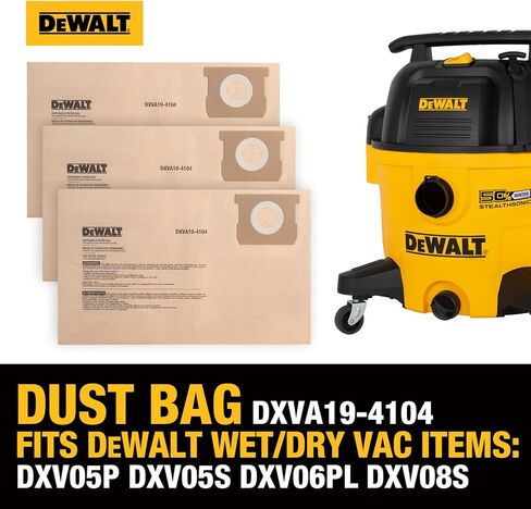 أكياس فلتر الغبار من DEWALT DXVA19-4104، أكياس بديلة عالية الكفاءة لـ DEWALT Wet Dry Vac 5-8 جالون، ملحقات Vac الرطبة الجافة، حقيبة مكنسة كهربائية لجمع الغبار (3 عبوات) in Kuwait