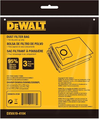 أكياس فلتر الغبار من DEWALT DXVA19-4104، أكياس بديلة عالية الكفاءة لـ DEWALT Wet Dry Vac 5-8 جالون، ملحقات Vac الرطبة الجافة، حقيبة مكنسة كهربائية لجمع الغبار (3 عبوات) in Kuwait