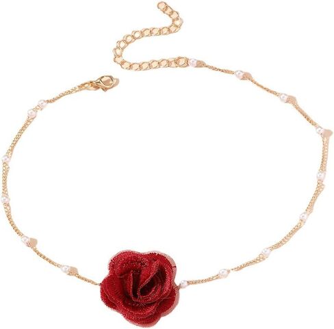 Vintage Flower Pearl Choker Necklace for Women Sweet Plant Fabric Rose Floral Clavicle Chain Necklace Fashion Choker Necklace Jewelry for Women in Saudi Arabia