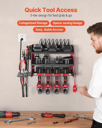 VEVOR Power Tool Organizer with Charging Station, 3-Layer Drill Storage Rack with 4 Drill Holders & Side Pegboard, Garage Tool Organizer Built in 8 Outlet Power Strips for Garage, Workbench, Workshop in Saudi Arabia