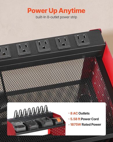 VEVOR Power Tool Organizer with Charging Station, 3-Layer Drill Storage Rack with 4 Drill Holders & Side Pegboard, Garage Tool Organizer Built in 8 Outlet Power Strips for Garage, Workbench, Workshop in Saudi Arabia