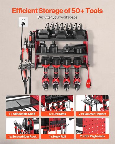 VEVOR Power Tool Organizer with Charging Station, 3-Layer Drill Storage Rack with 4 Drill Holders & Side Pegboard, Garage Tool Organizer Built in 8 Outlet Power Strips for Garage, Workbench, Workshop in Saudi Arabia