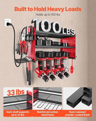 VEVOR Power Tool Organizer with Charging Station, 3-Layer Drill Storage Rack with 4 Drill Holders & Side Pegboard, Garage Tool Organizer Built in 8 Outlet Power Strips for Garage, Workbench, Workshop in Saudi Arabia