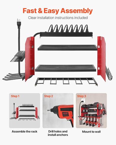 VEVOR Power Tool Organizer with Charging Station, 3-Layer Drill Storage Rack with 4 Drill Holders & Side Pegboard, Garage Tool Organizer Built in 8 Outlet Power Strips for Garage, Workbench, Workshop in Saudi Arabia