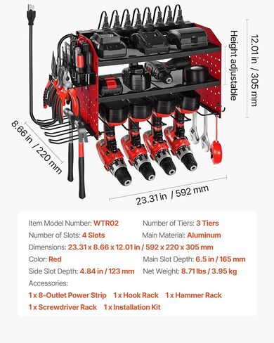VEVOR Power Tool Organizer with Charging Station, 3-Layer Drill Storage Rack with 4 Drill Holders & Side Pegboard, Garage Tool Organizer Built in 8 Outlet Power Strips for Garage, Workbench, Workshop in Saudi Arabia