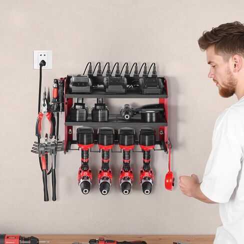 VEVOR Power Tool Organizer with Charging Station, 3-Layer Drill Storage Rack with 4 Drill Holders & Side Pegboard, Garage Tool Organizer Built in 8 Outlet Power Strips for Garage, Workbench, Workshop in Saudi Arabia