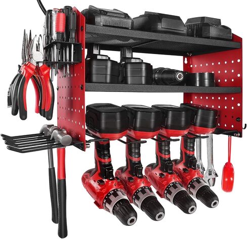 VEVOR Power Tool Organizer with Charging Station, 3-Layer Drill Storage Rack with 4 Drill Holders & Side Pegboard, Garage Tool Organizer Built in 8 Outlet Power Strips for Garage, Workbench, Workshop in Saudi Arabia