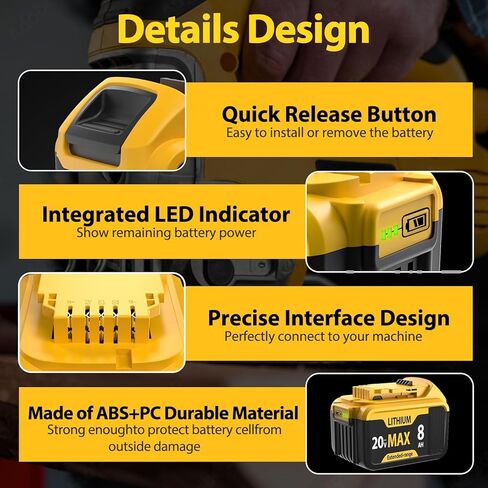 2-Packs 8000mAh Replace for Dewalt 20V Max Battery Compatible with DCB206 DCB201 DCB203 DCB207 DCB205 DCB204 Compatible with Dewalt 20V Cordless Power Tools and Chargers in Kuwait
