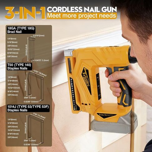 3-In-1 Cordless Nail Gun - Compatible with DEWALT 20V Battery - 18 GA Electric Brad Nailer with 1000 x 18GA Nails & 1000 x T50 Staples & 1000 x 1014J Staples for Wood & Home DIY (No Battery) in Kuwait
