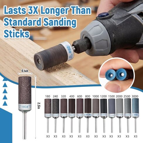 36 Pcs Sanding Drums Kit with 1/8" Shank for Rotary Tools Accessories, 180/240/320/400/600/800/1000/1200/1500/2000/2500/3000 Grits for Metal Rust Removal Stone Grinding Jade Polishing in Kuwait