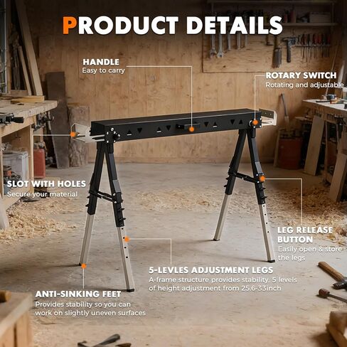 OLBRUS 2 Pack Heavy Duty Folding Sawhorse Pair, Adjustable Height & Legs, Portable Metal Saw Horses with 2600 LBS Load Capacity, Portable Folding and Fast Open Legs and Easy Grip Handle for Woodworking. in Kuwait