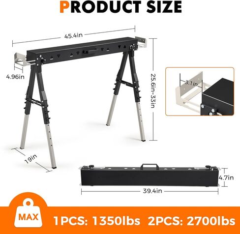 OLBRUS 2 Pack Heavy Duty Folding Sawhorse Pair, Adjustable Height & Legs, Portable Metal Saw Horses with 2600 LBS Load Capacity, Portable Folding and Fast Open Legs and Easy Grip Handle for Woodworking. in Kuwait