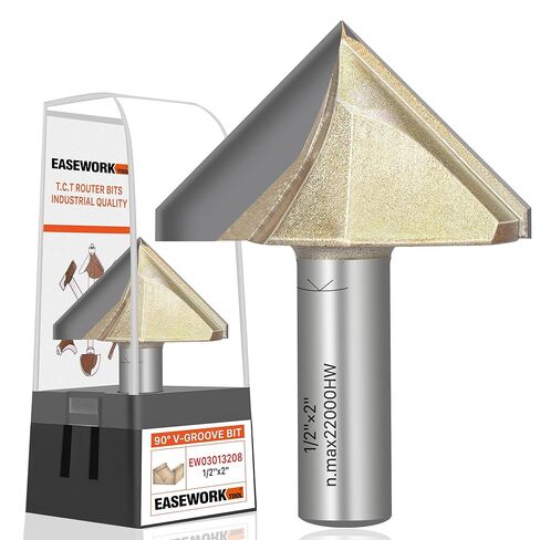 أداة EASEWORK TOOL 90° V-Groove Router Bit، رأس من الكربيد بدرجة احترافية، حز النجارة - ساق 1/2 بوصة × قطر 2 بوصة × عمق القطع 1-11/64 بوصة in Kuwait